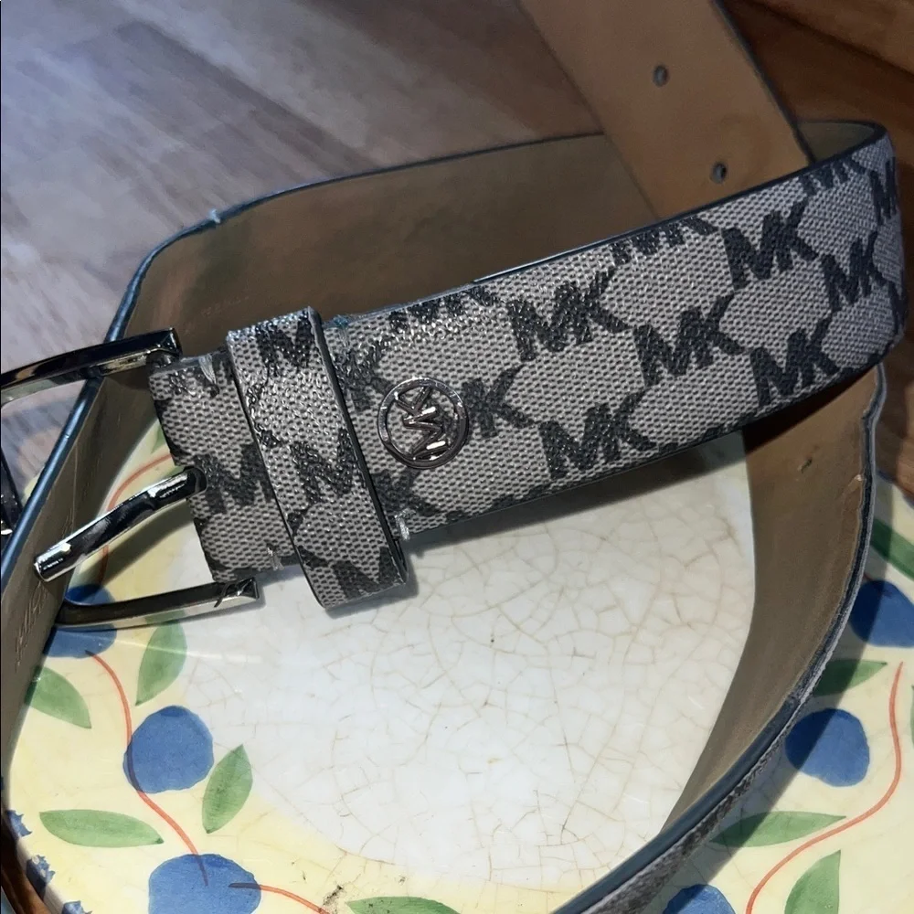 Michael Kors Gray MK Logo Canvas Belt with Silver Buckle